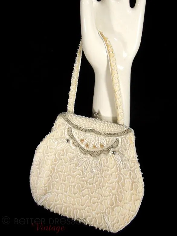 50s/60s Beaded Purse in White and Cream