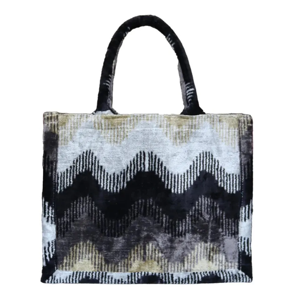 AF Silk Ikat Handbag - Tote - Black Waves