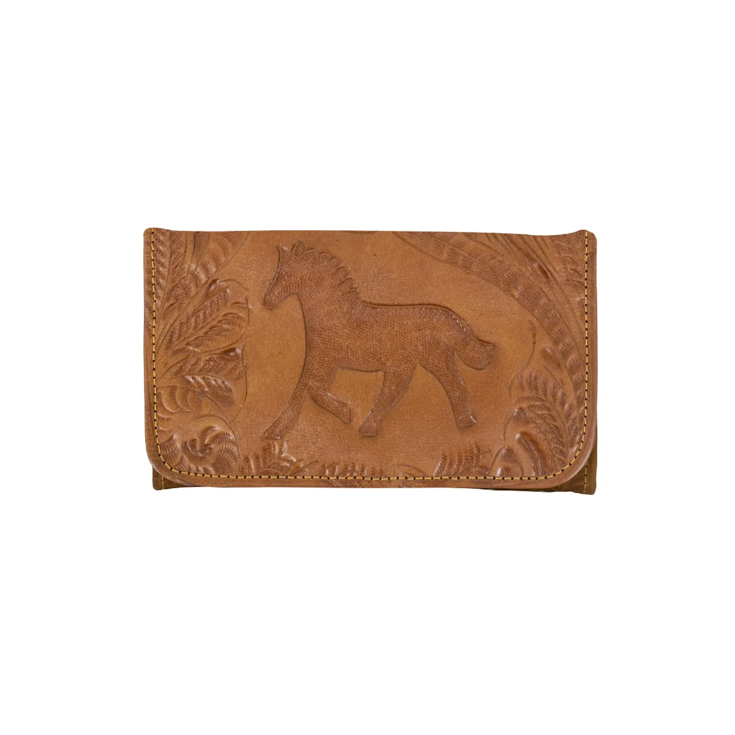 American West Hitchin Post Natural Tan Leather Tooled Trifold Wallet