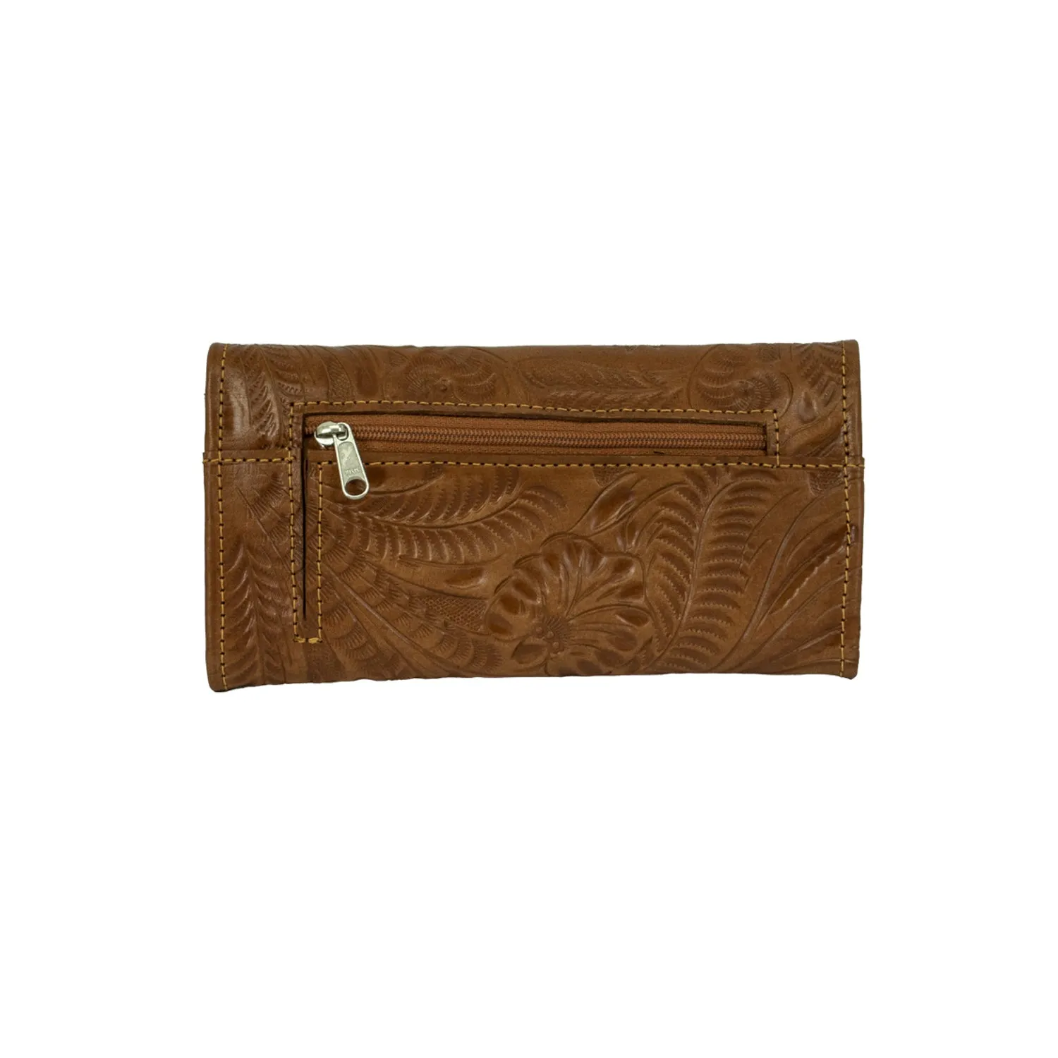 American West Hitchin Post Natural Tan Leather Tooled Trifold Wallet