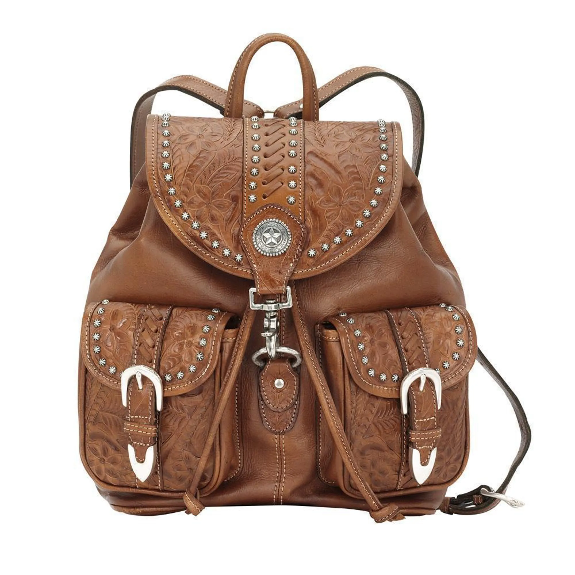 American West Retro Romance Antique Brown Leather Drawstring Backpack