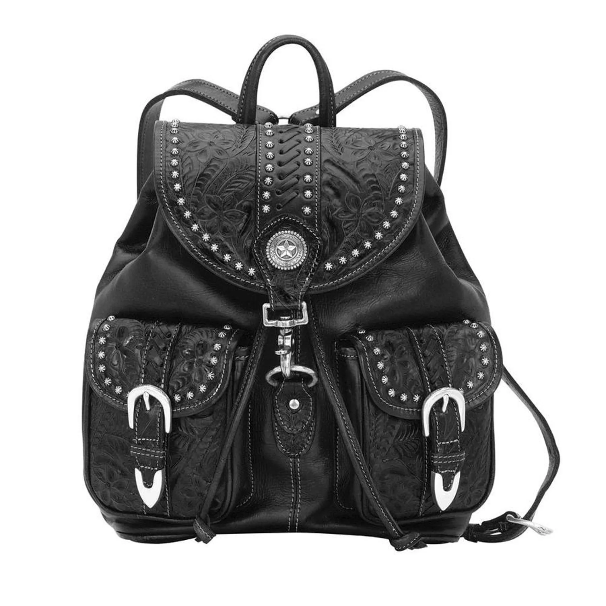 American West Retro Romance Black Tooled Leather Drawstring Backpack