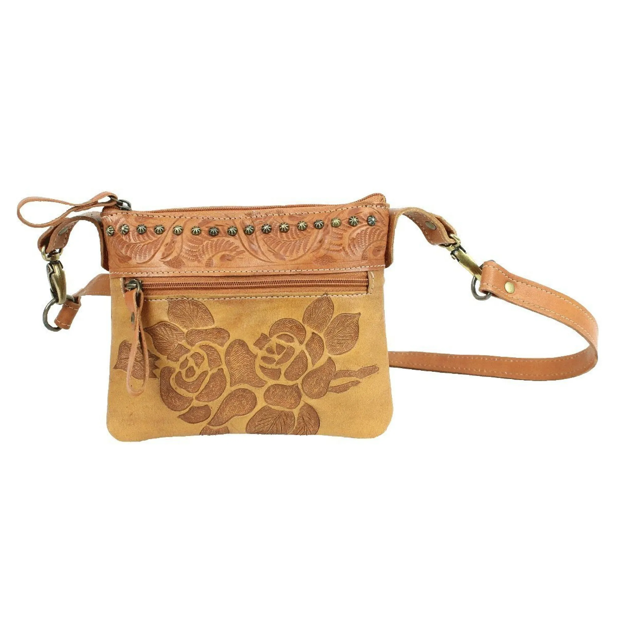 American West Texas Rose Natural Tan Leather Hip Crossbody Bag