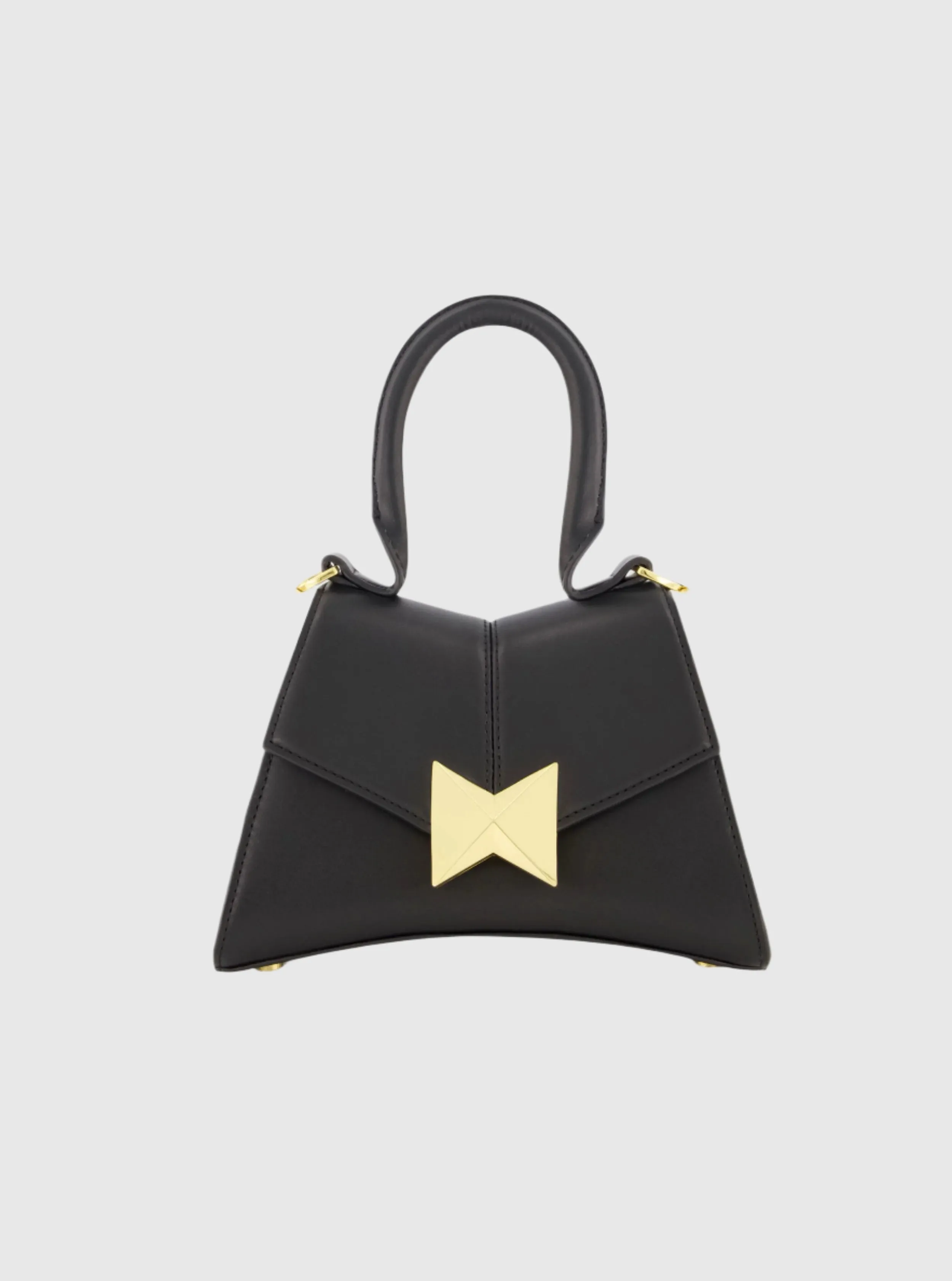 Angular Mini Black Leather Top Handle Bag with Gold Hardware