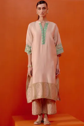 Beige and Green Embroidered Kaftan Set