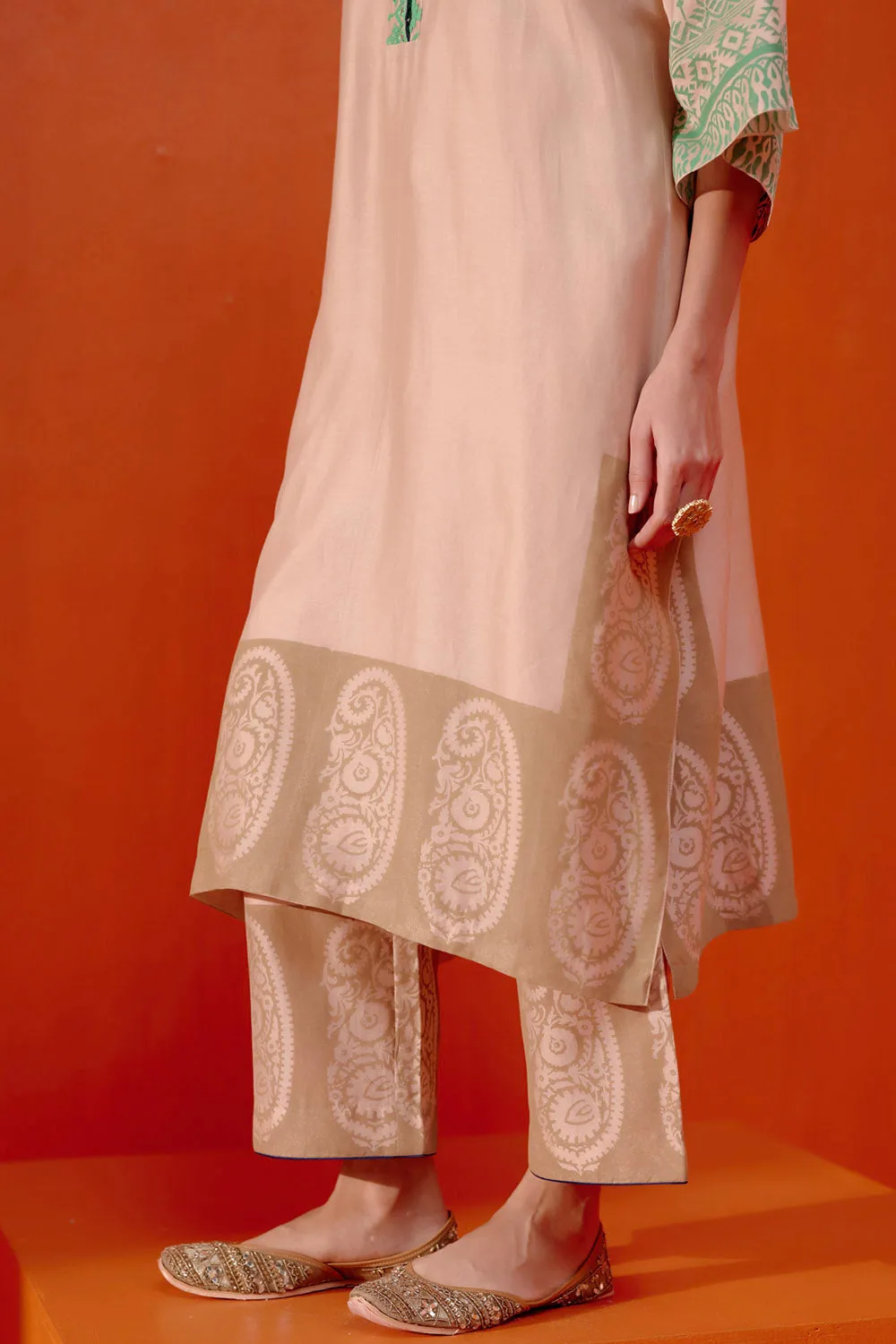 Beige and Green Embroidered Kaftan Set