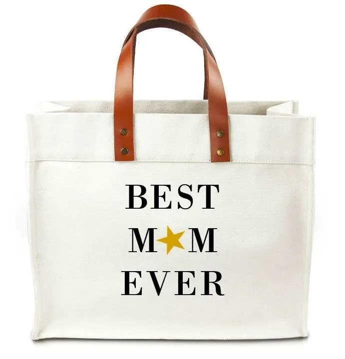 Best Mom Ever Canvas Tote Bag With Leather Straps