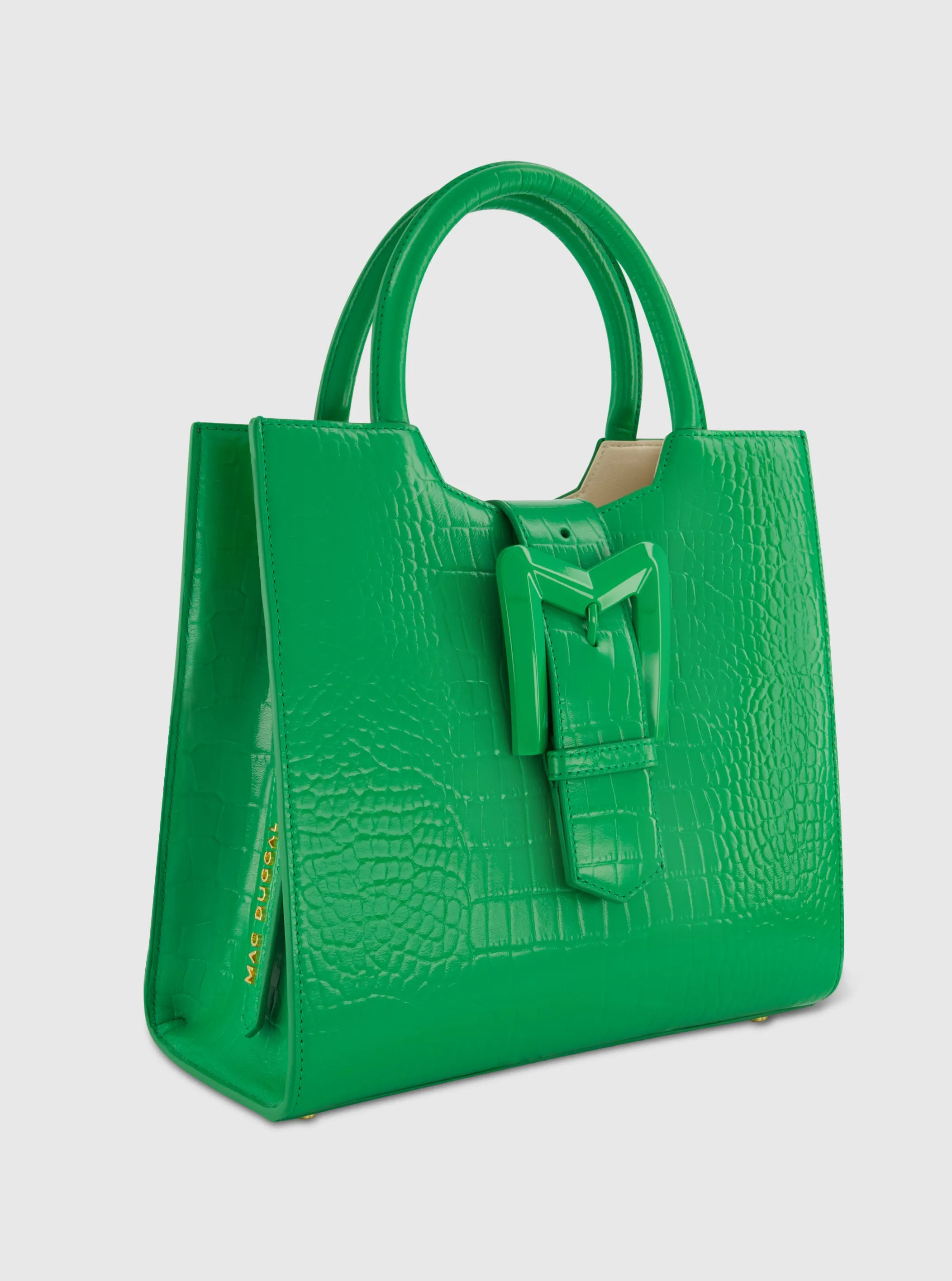 Buckled Medium Croco Green Leather Tote Bag with Detachable Strap