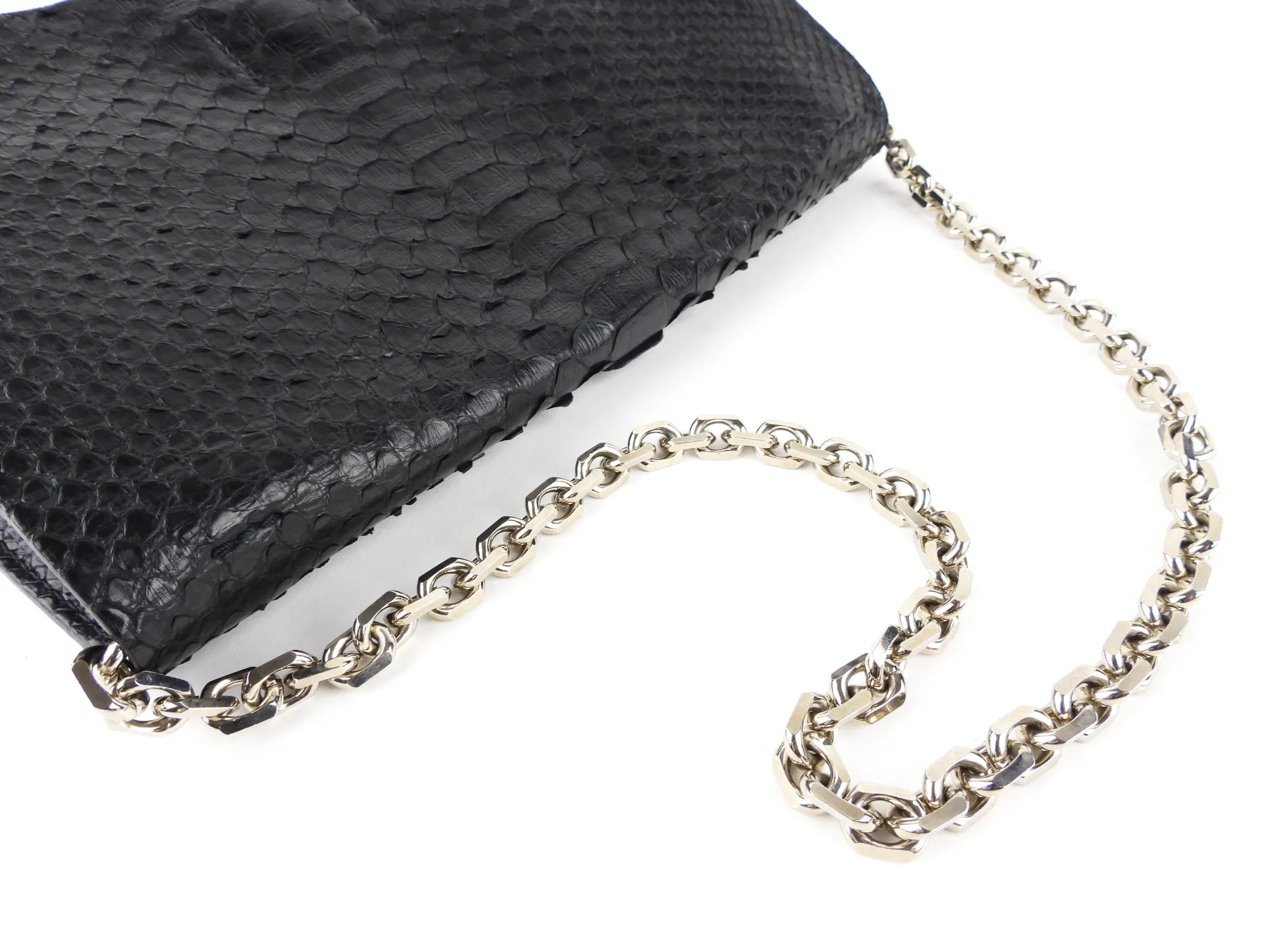 Calvin Klein Collection Black Python Exotic Leather Chain Flap Bag