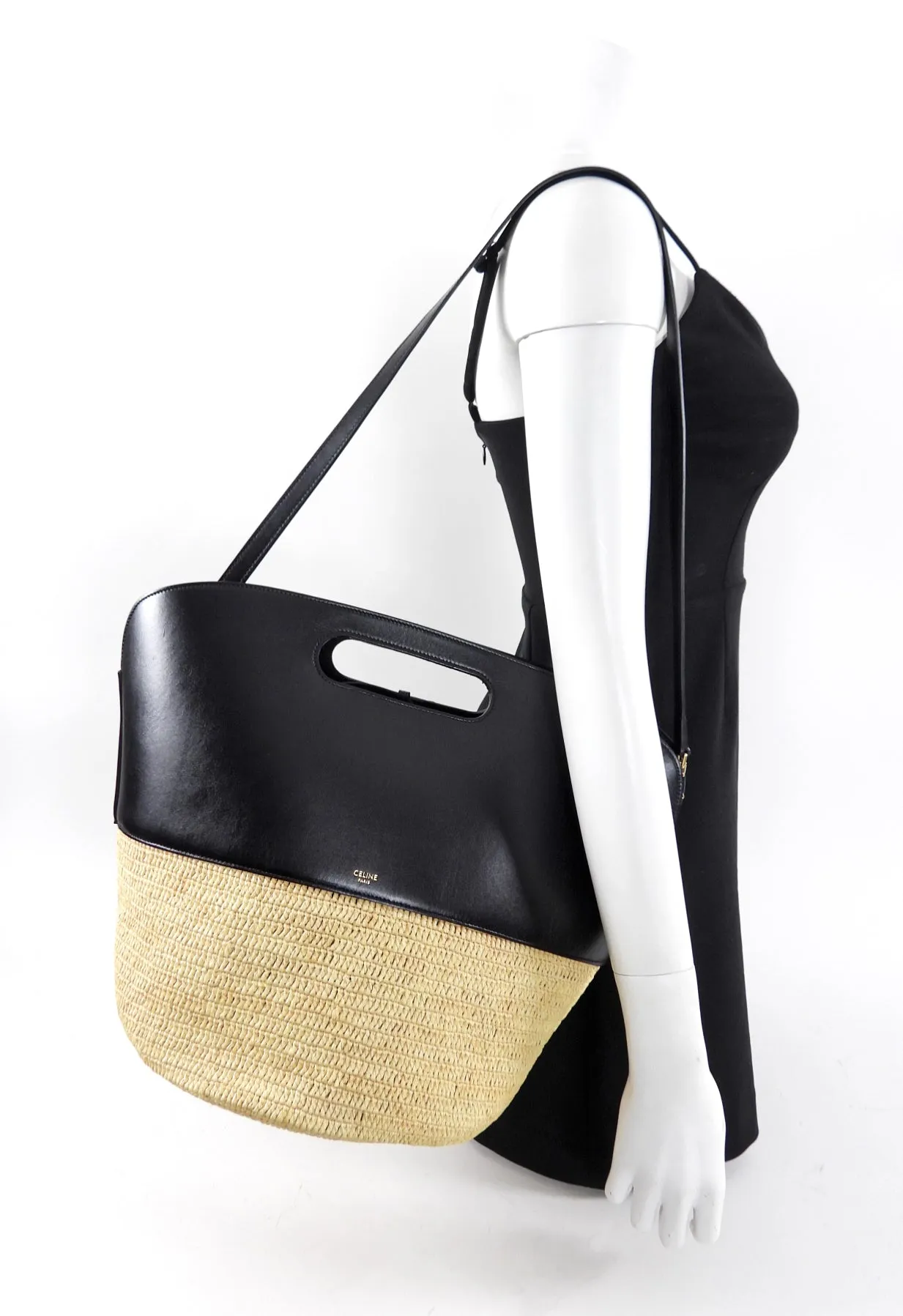 Celine Raffia and Black Leather Basket Bag with Strap