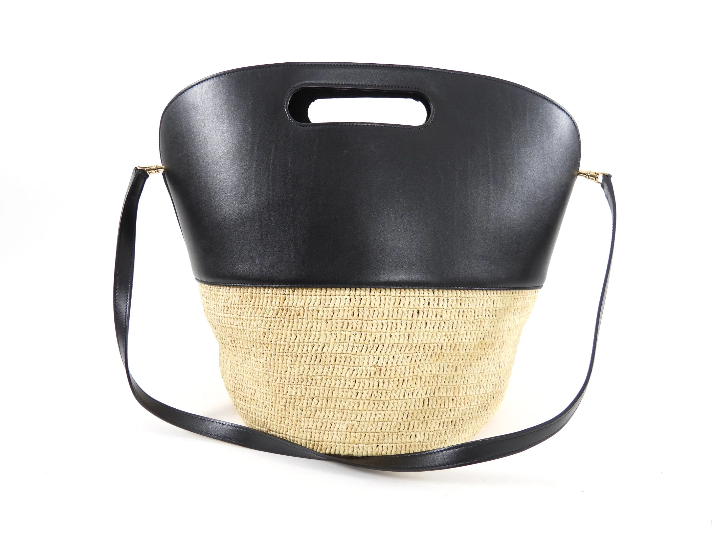 Celine Raffia and Black Leather Basket Bag with Strap