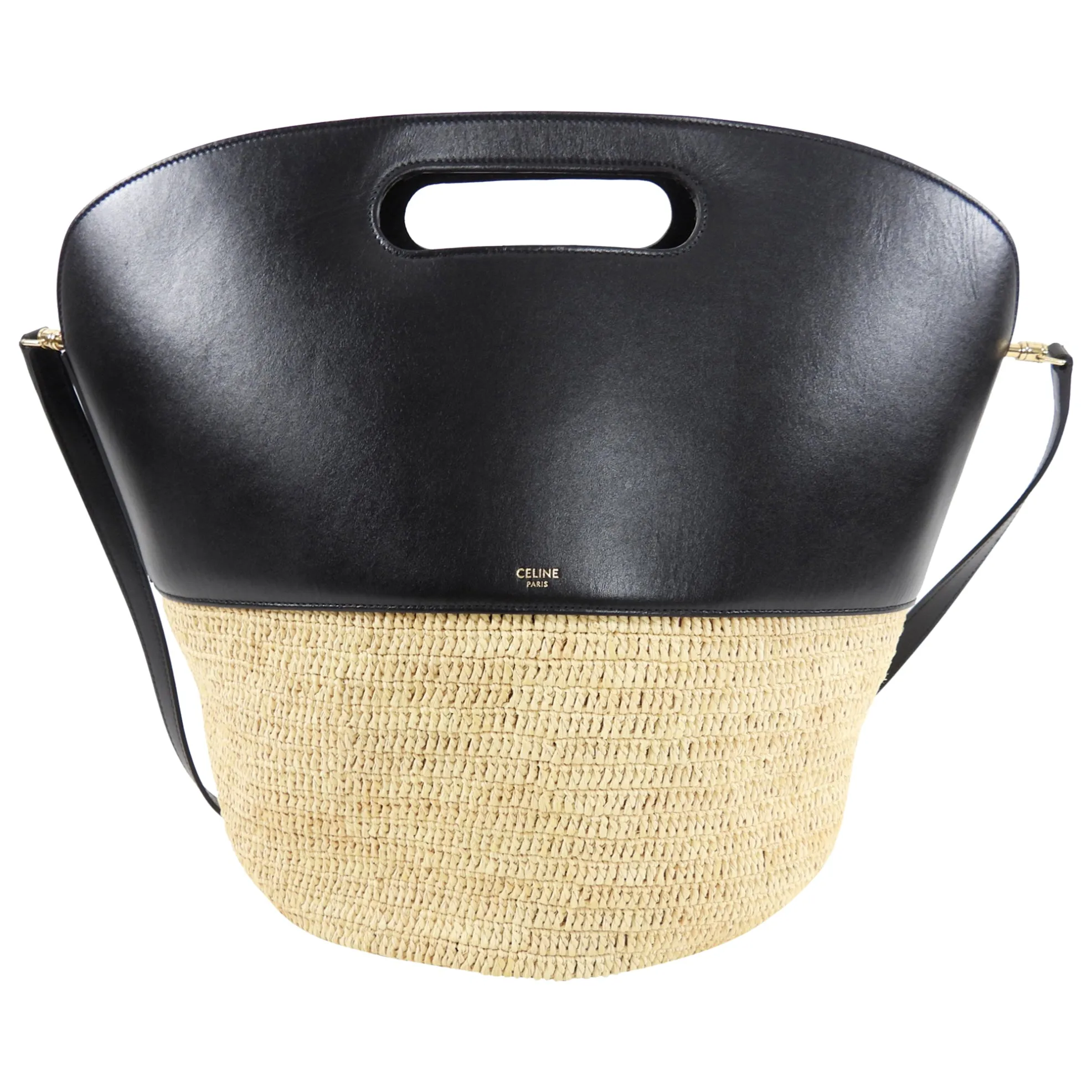 Celine Raffia and Black Leather Basket Bag with Strap