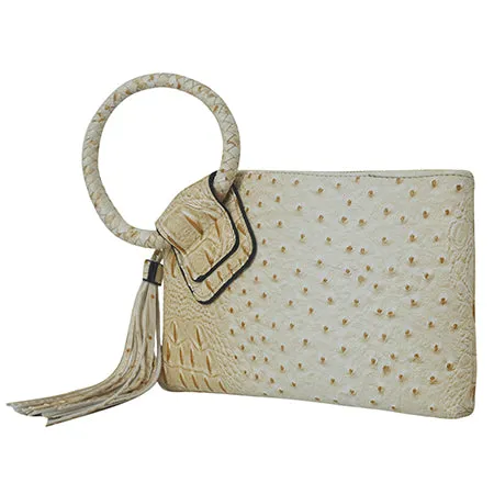 Cream NGIL Textured Fashion Faux Leather Mini Purse With Fringe Tassel