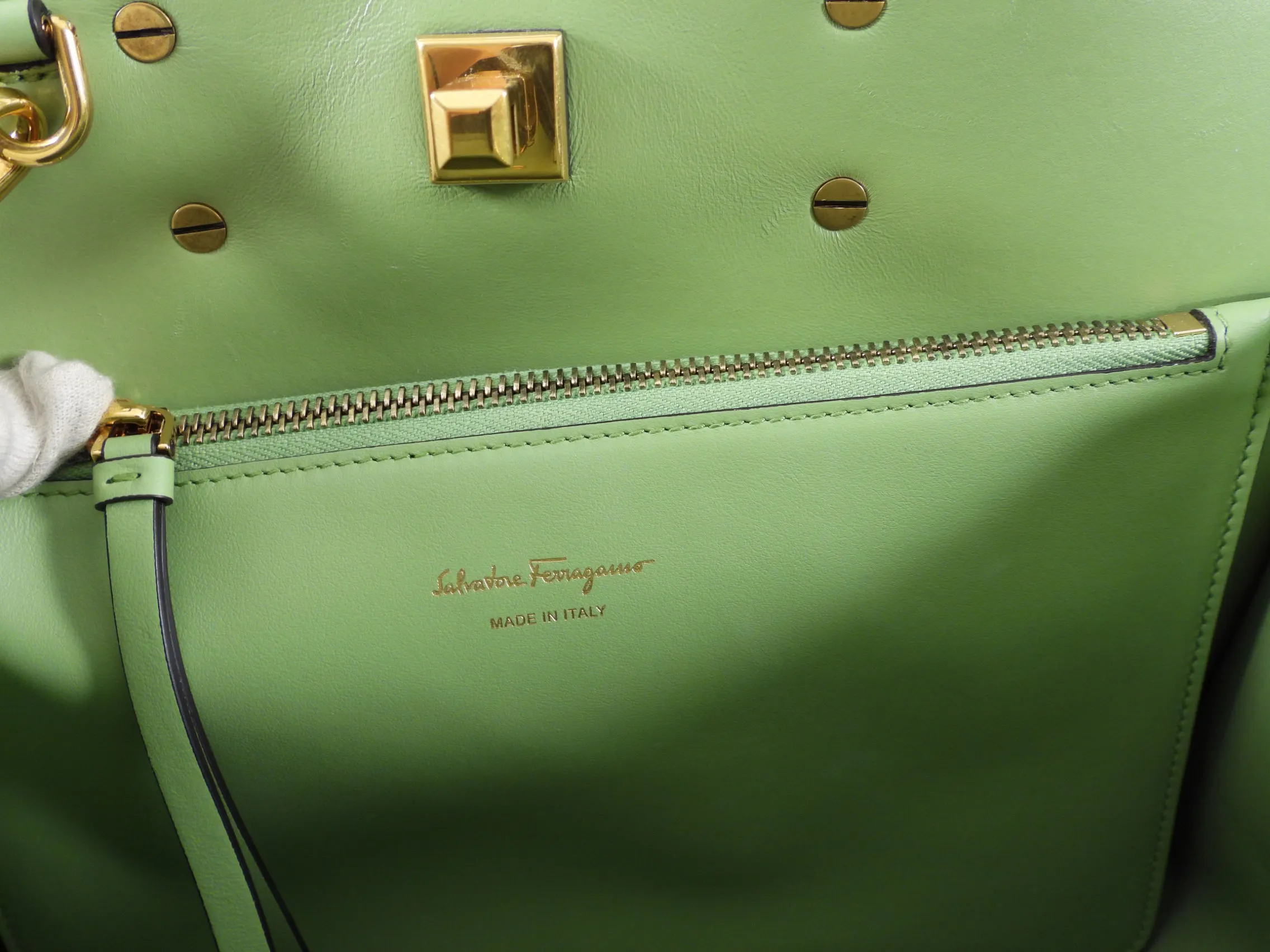 Ferragamo Hedren Green Two Way Tote Bag