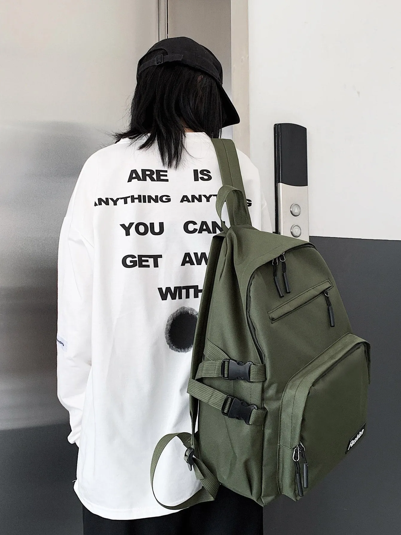 Letter Graphic Buckle Decor Backpack