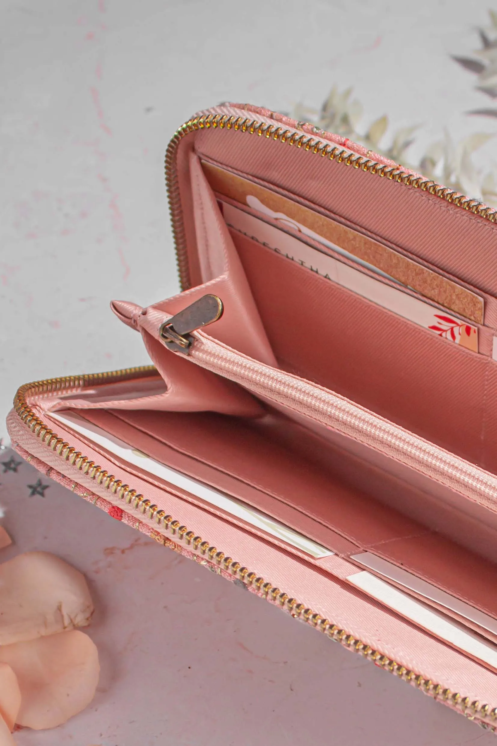 Linea Embroidered Wallet - Peach