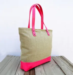 Linen and faux leather tote bag, natural with fuschia, classic everyday bag.