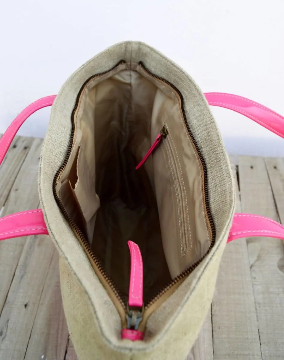 Linen and faux leather tote bag, natural with fuschia, classic everyday bag.