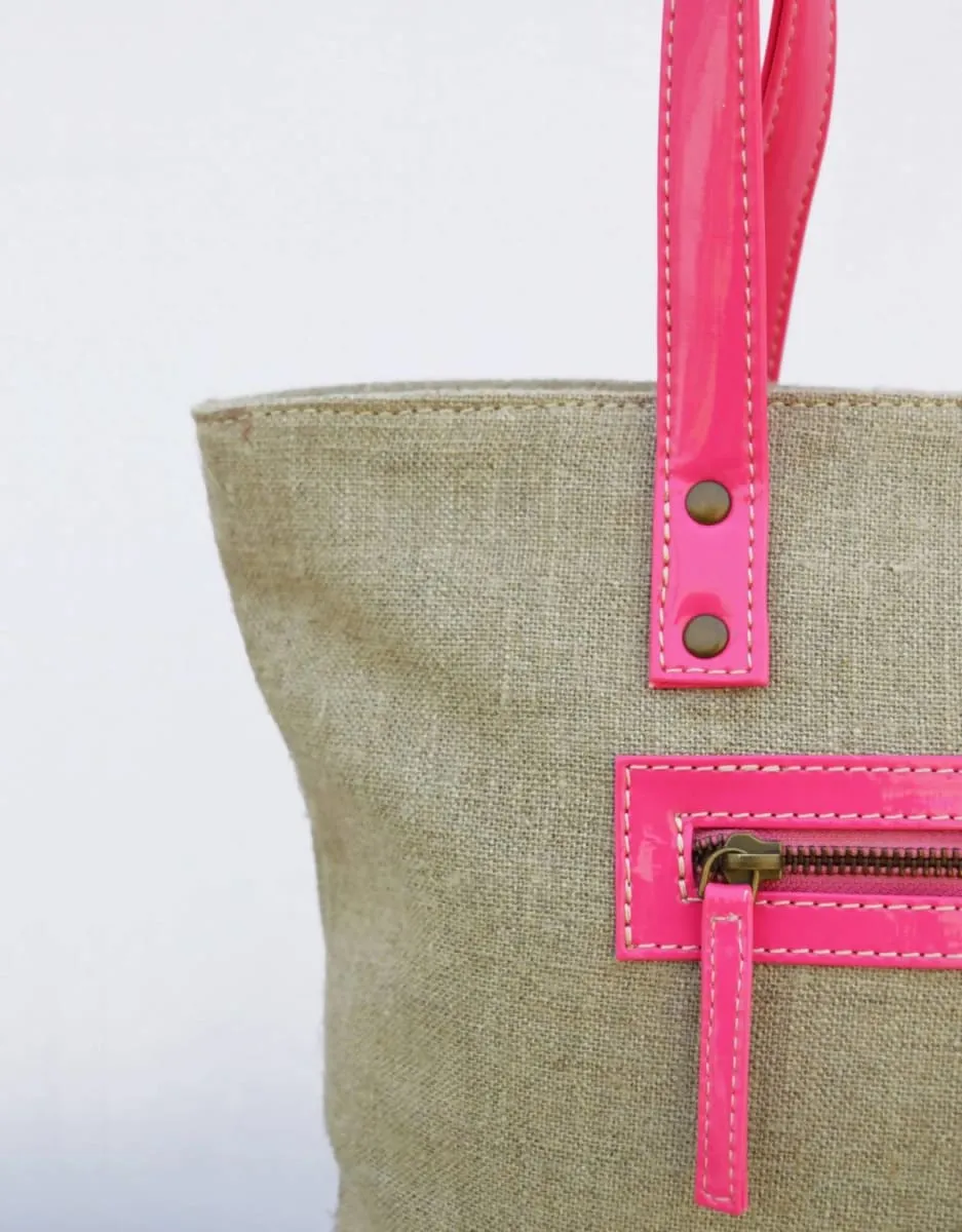 Linen and faux leather tote bag, natural with fuschia, classic everyday bag.