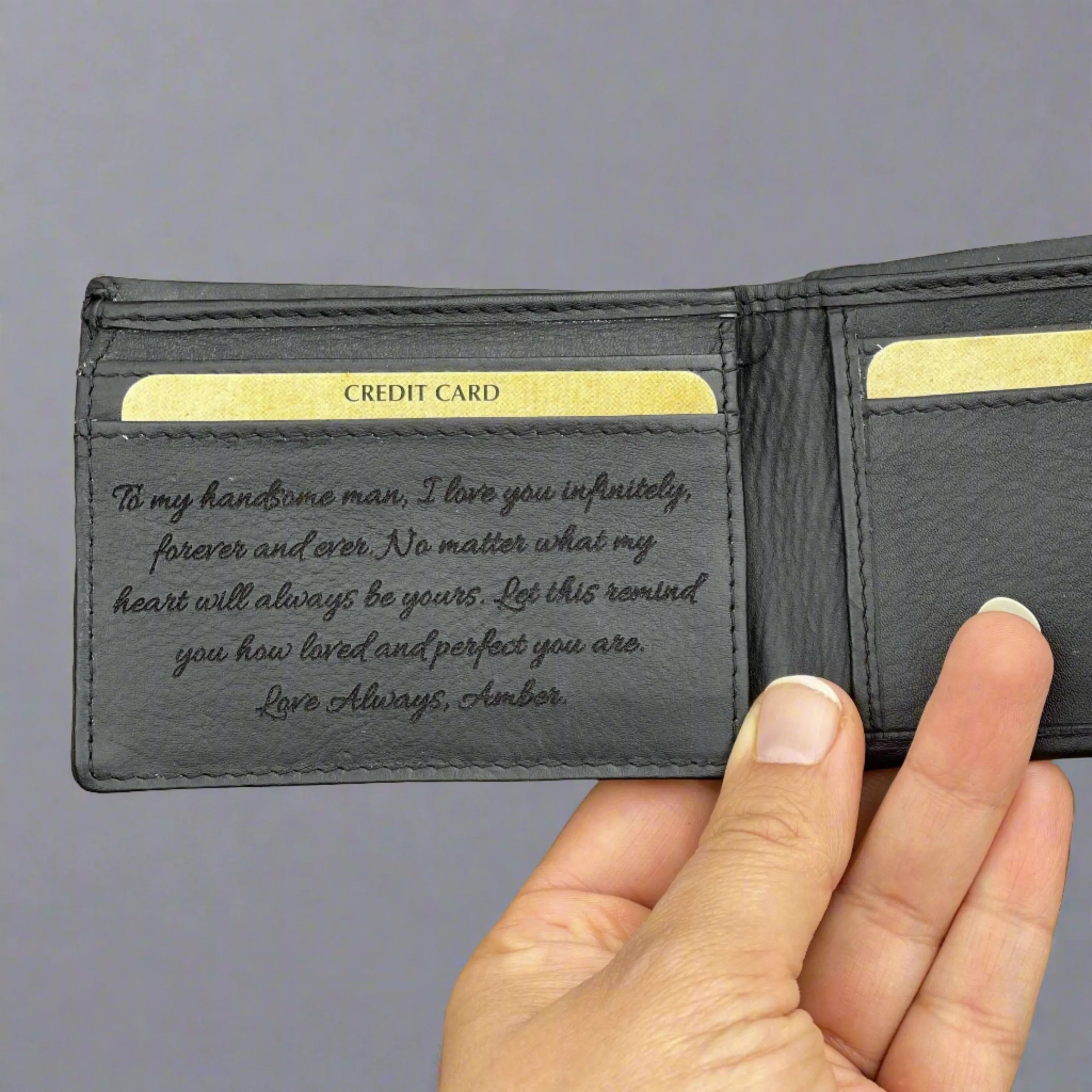 Men's Black Leather Wallet with Personalised Handwriting - KALGHI