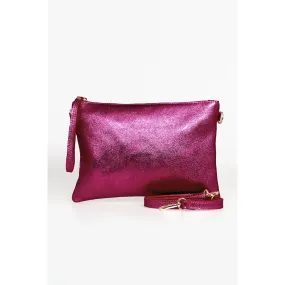 Metallic Magenta Large Leather Wristlet Clutch Bag