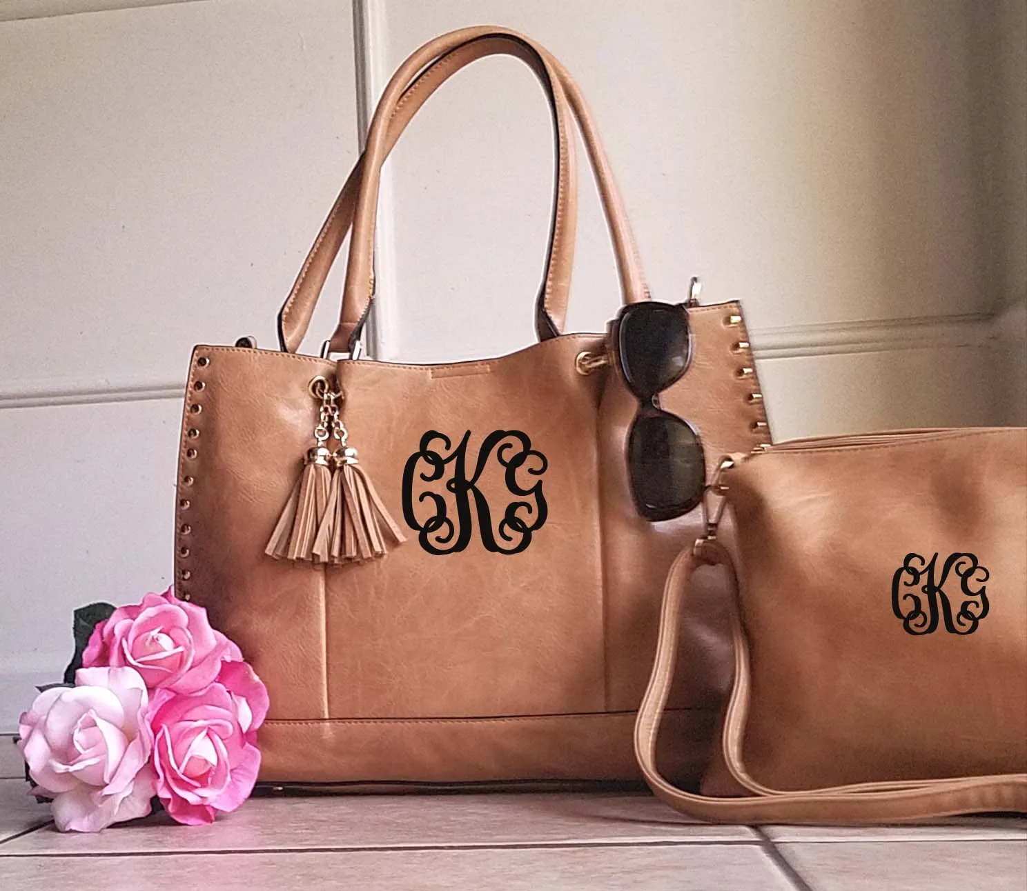 Monogram grommet tassel Tote - 2-in-1 Vegan Leather Handbag