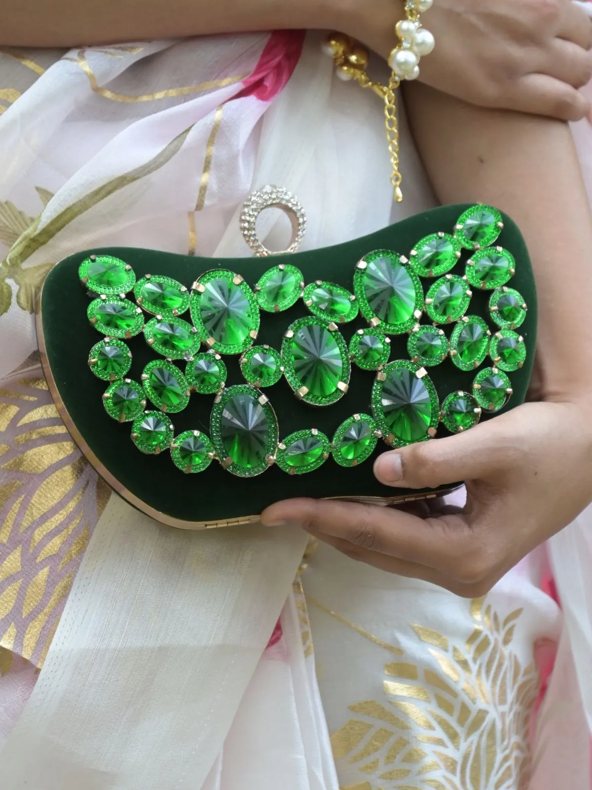 Odette Dark Green Embellished Clutch for Women