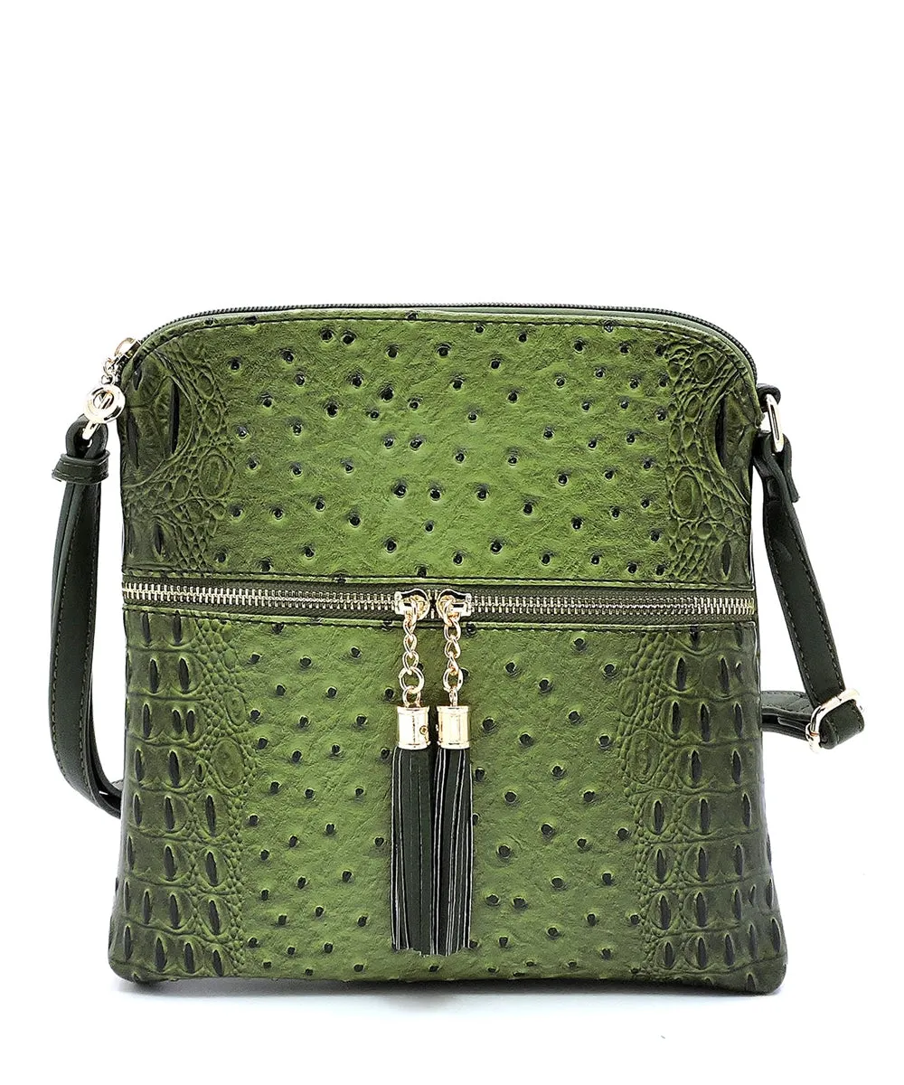 Ostrich Croc Zip Tassel Crossbody