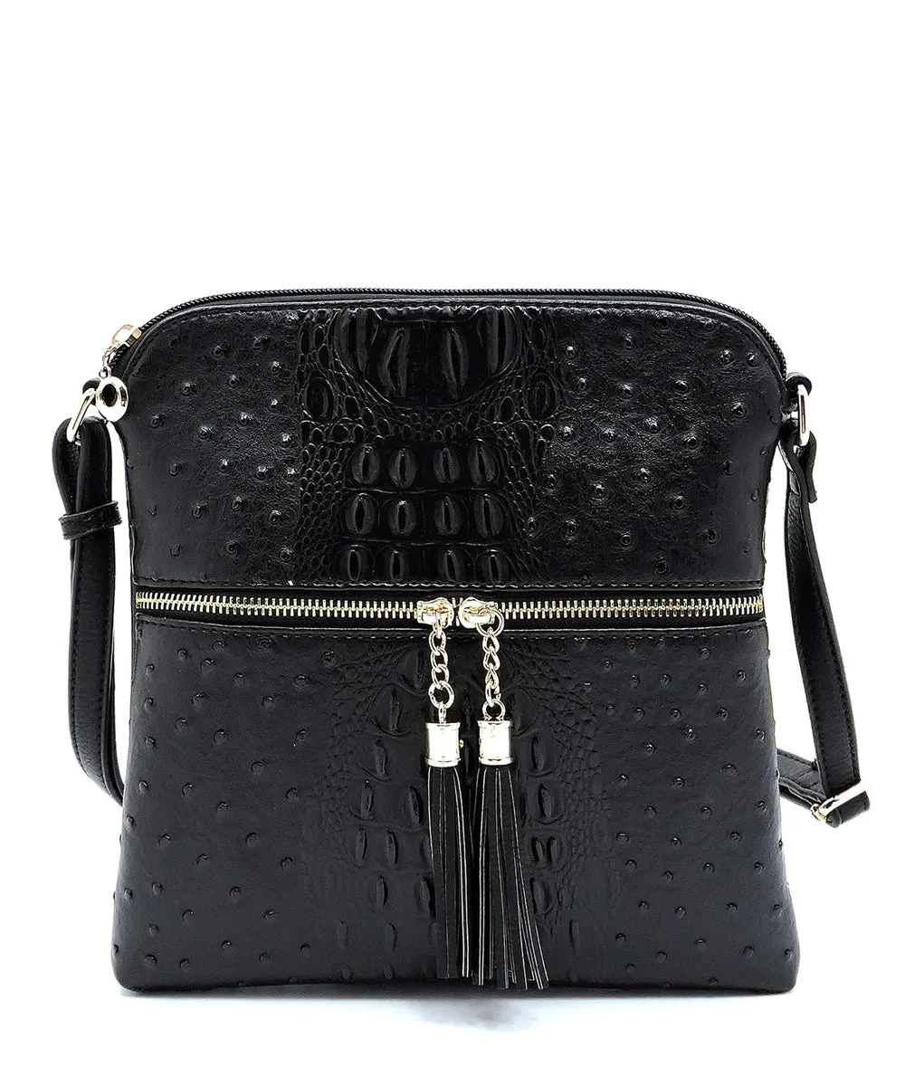 Ostrich Croc Zip Tassel Crossbody