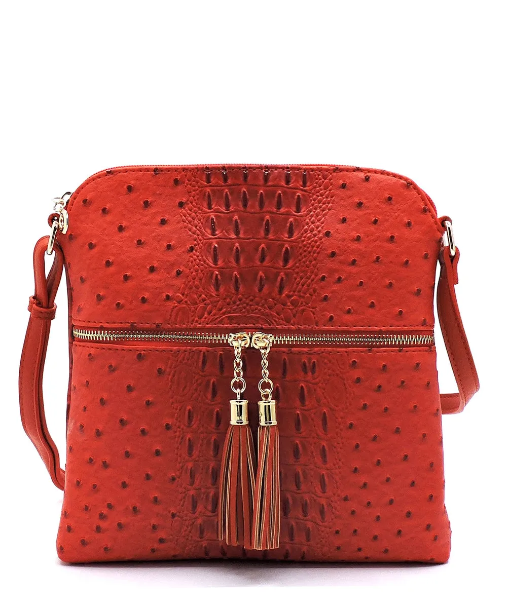 Ostrich Croc Zip Tassel Crossbody