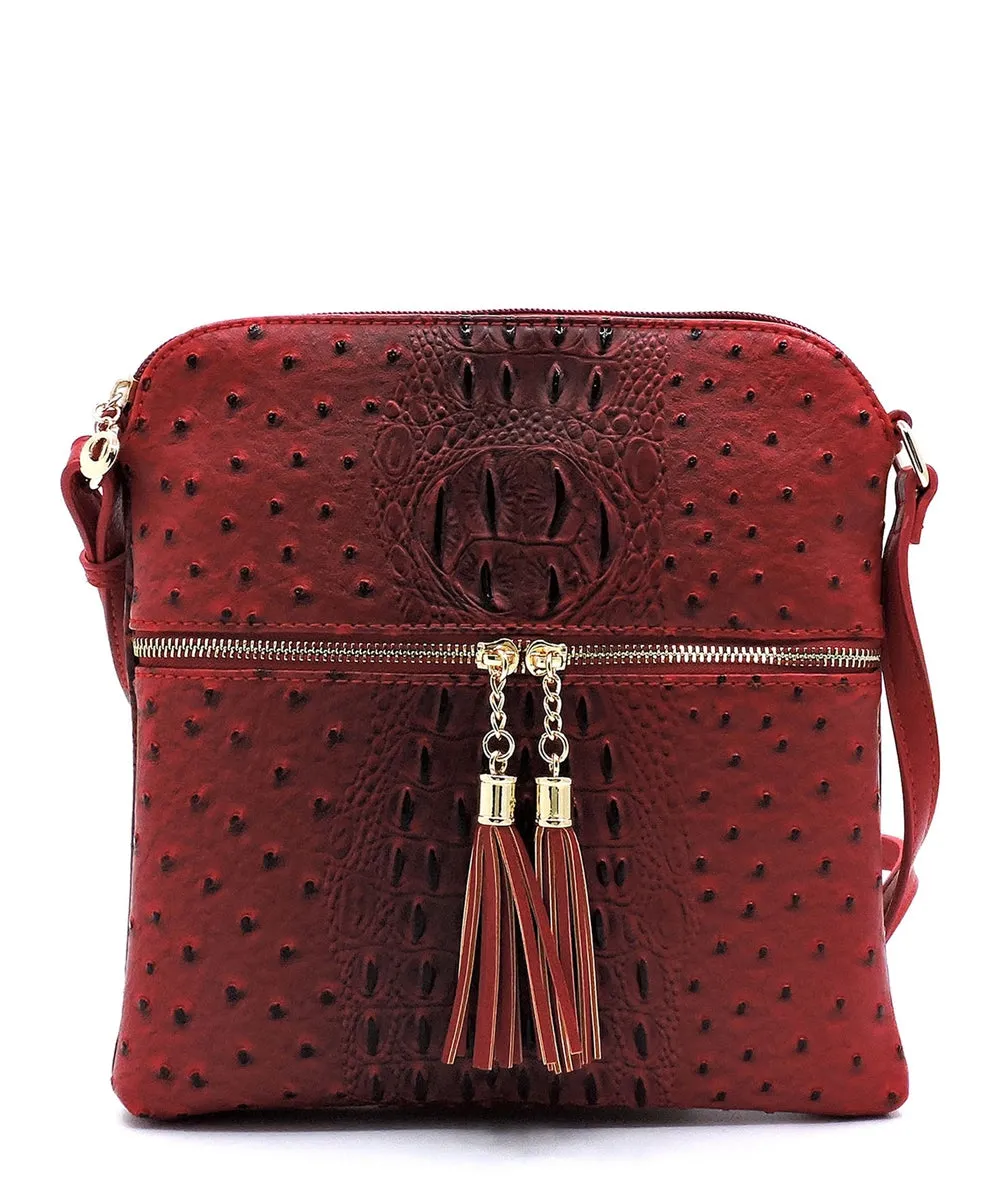 Ostrich Croc Zip Tassel Crossbody