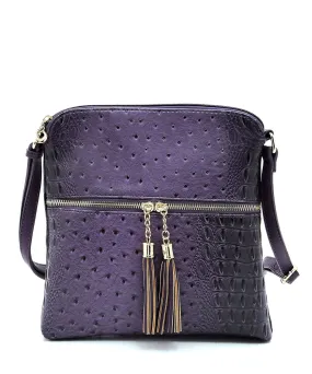 Ostrich Croc Zip Tassel Crossbody