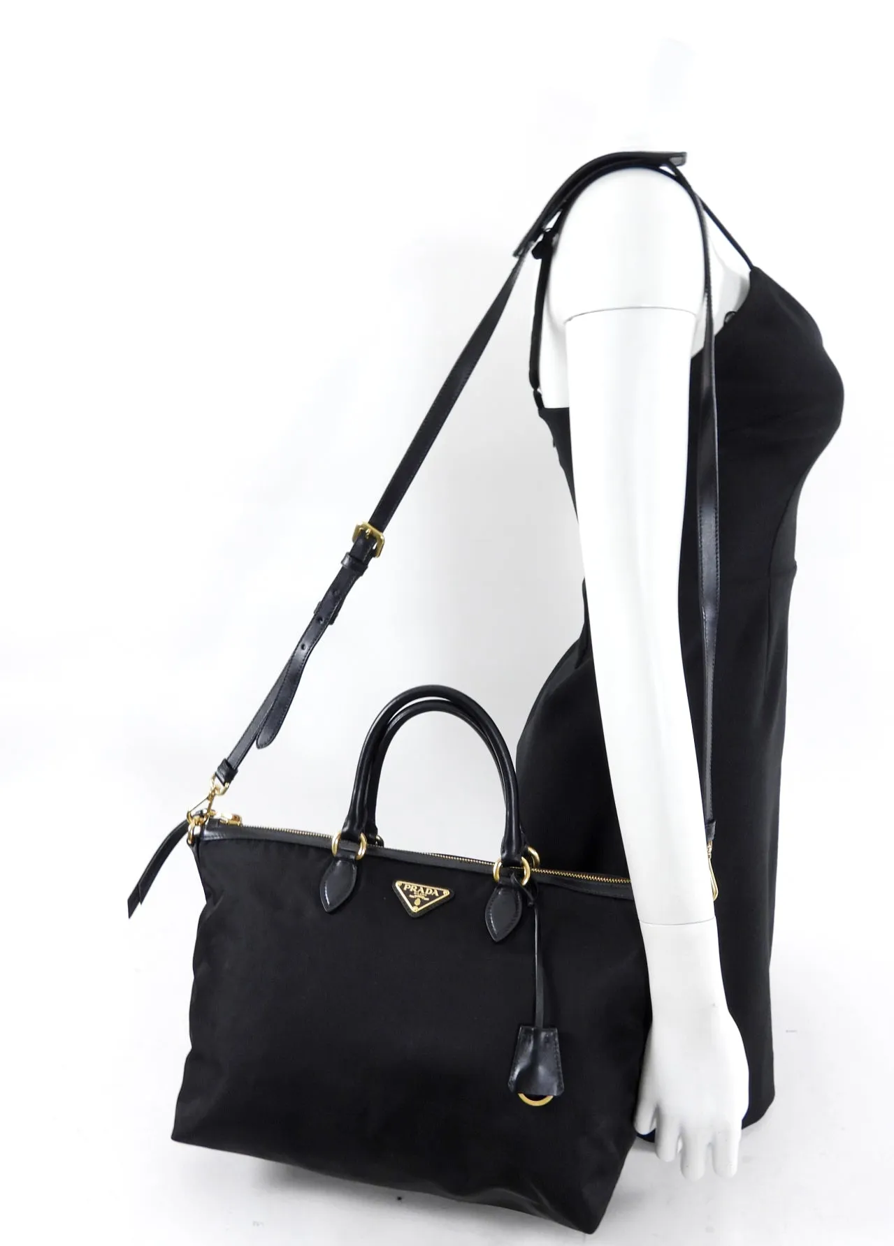 Prada Black and Gold Nylon Tessuto Two Way Tote Bag