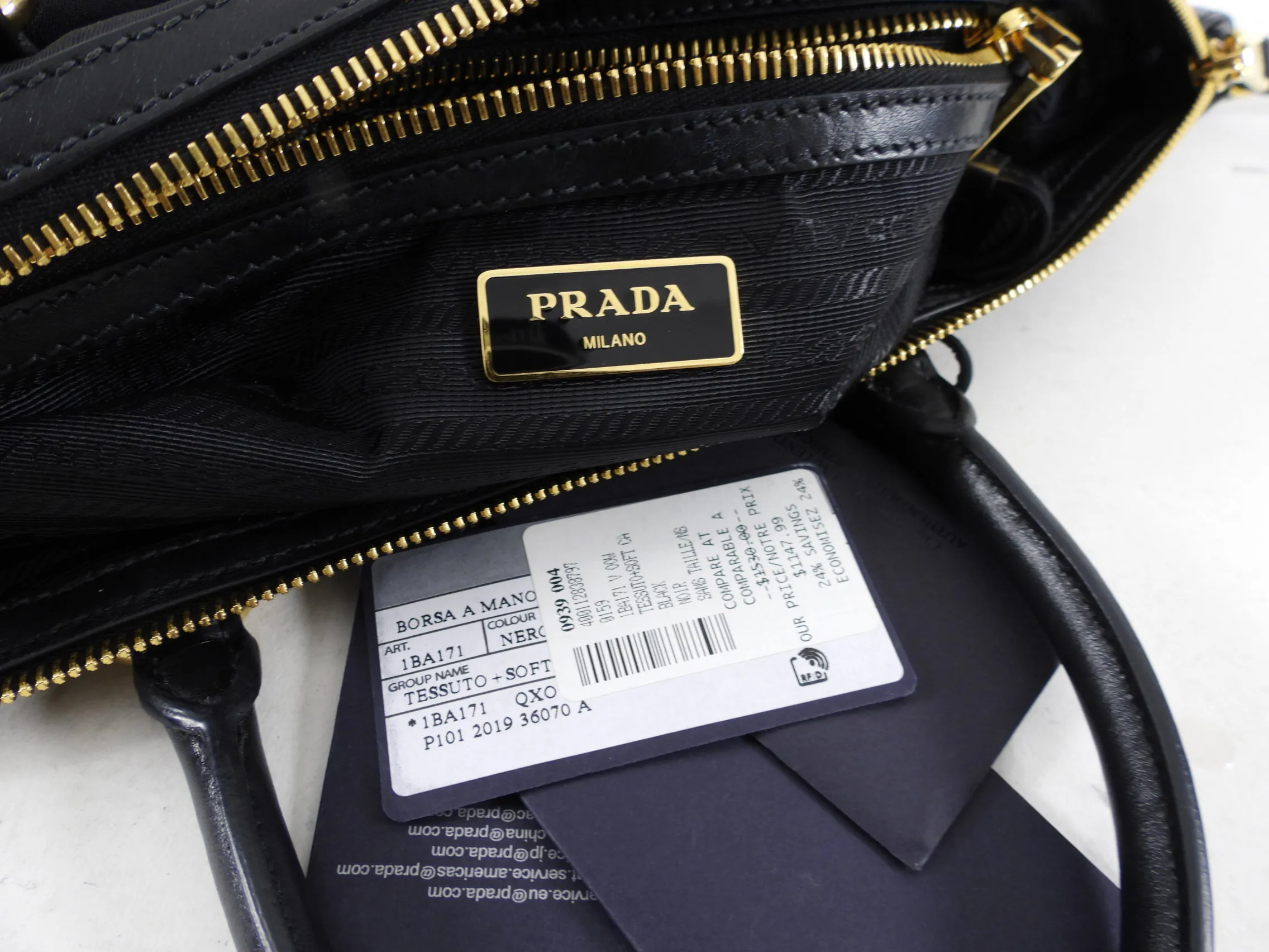 Prada Black and Gold Nylon Tessuto Two Way Tote Bag