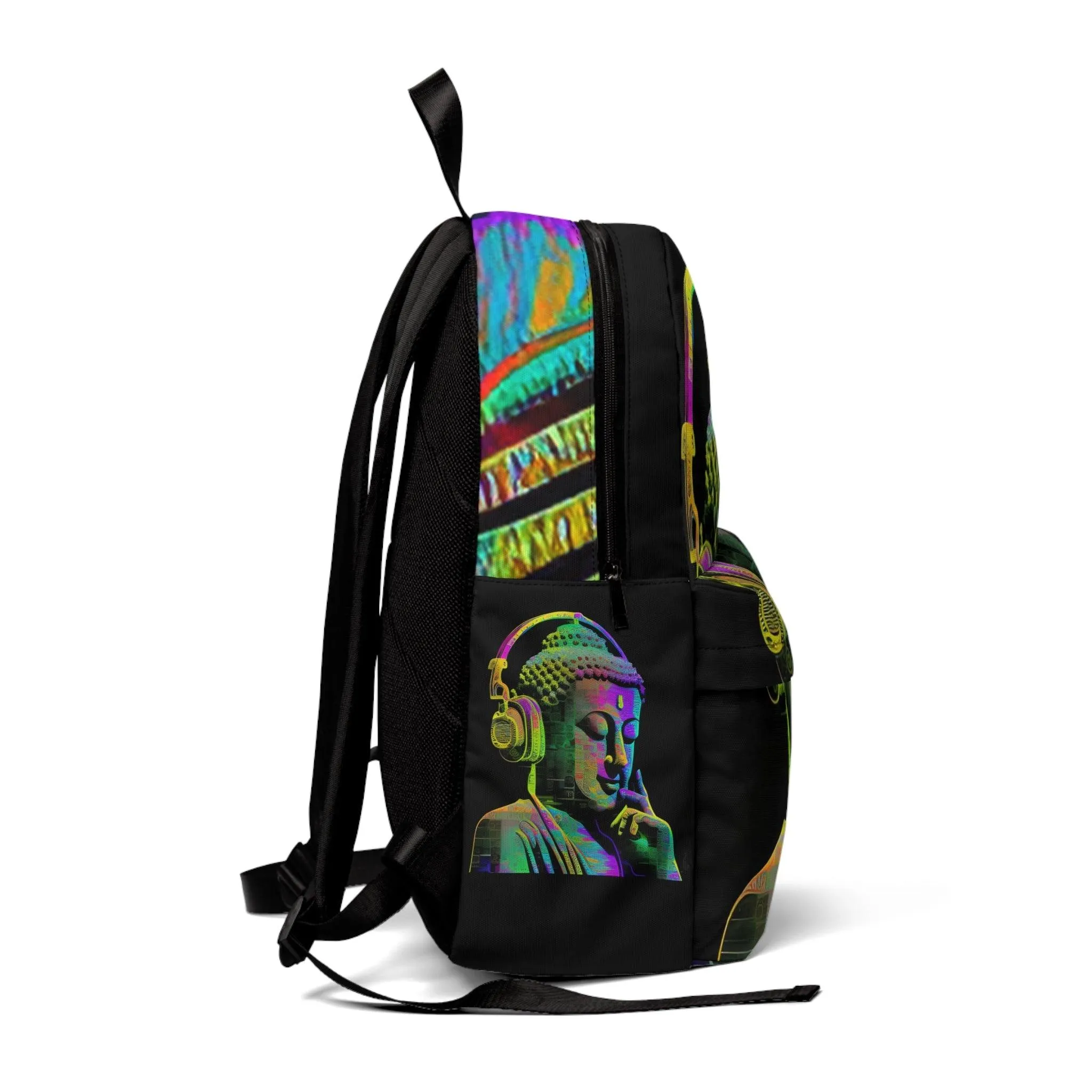 Subtle Smiling Buddha with Headphones Meta Zen Music Tribal Fusion Backpack Unisex Classic Backpack