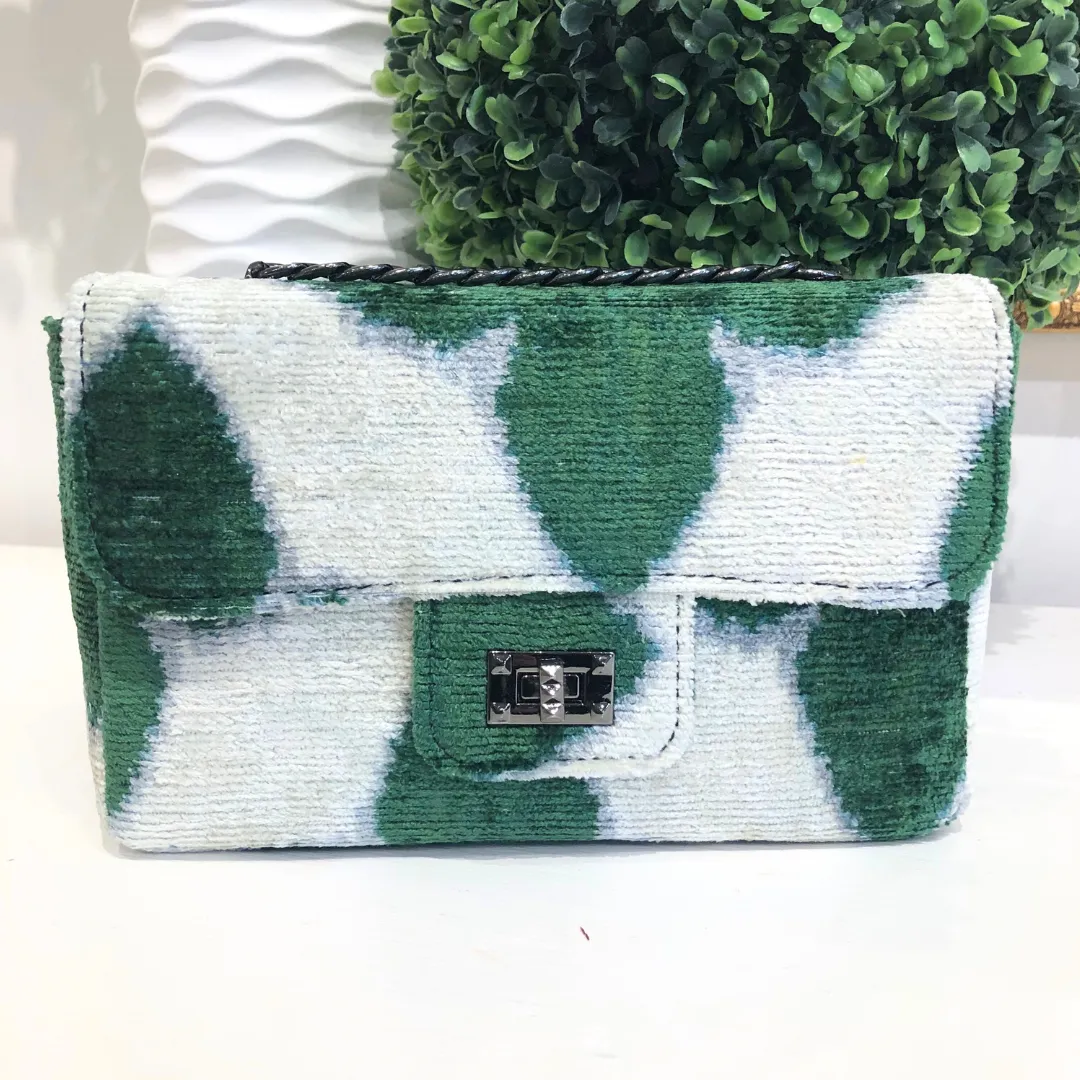 Teramasu One of a Kind Handmade Green And White Geometric Print Silk Tapestry Purse