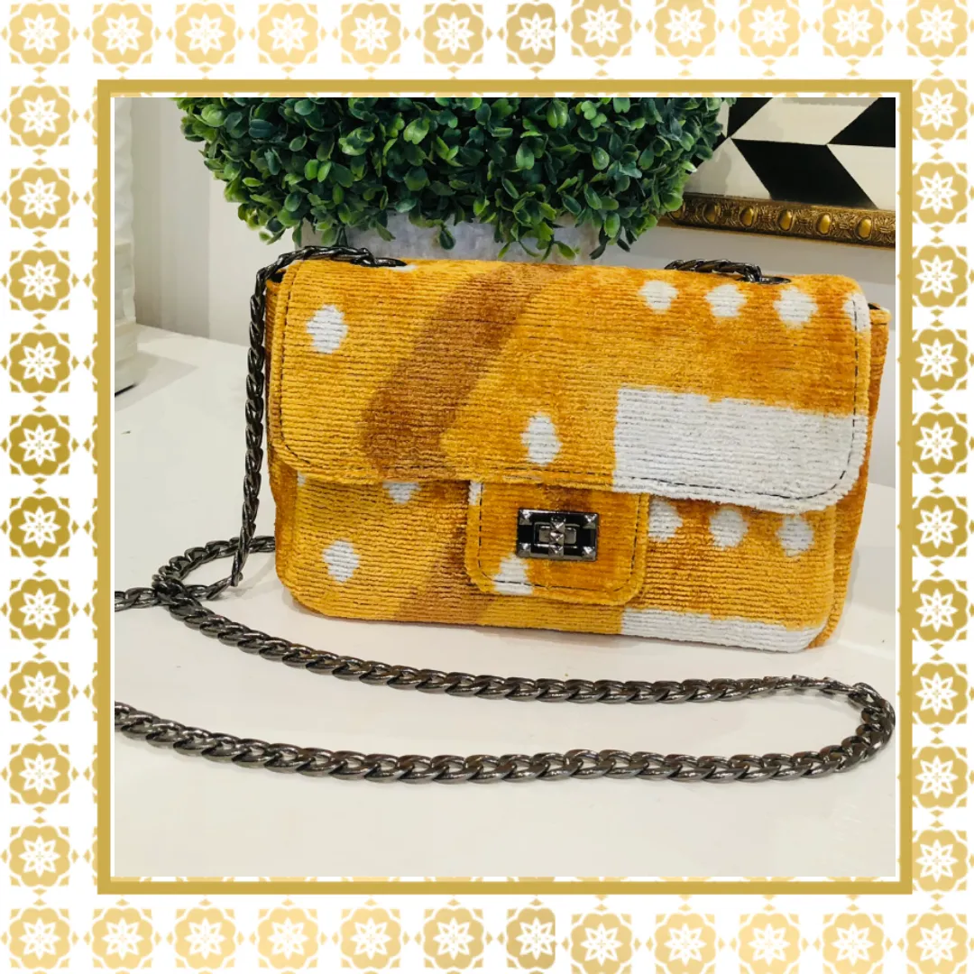 Teramasu One of a Kind Yellow Geometric Handmade Silk Tapestry Purse