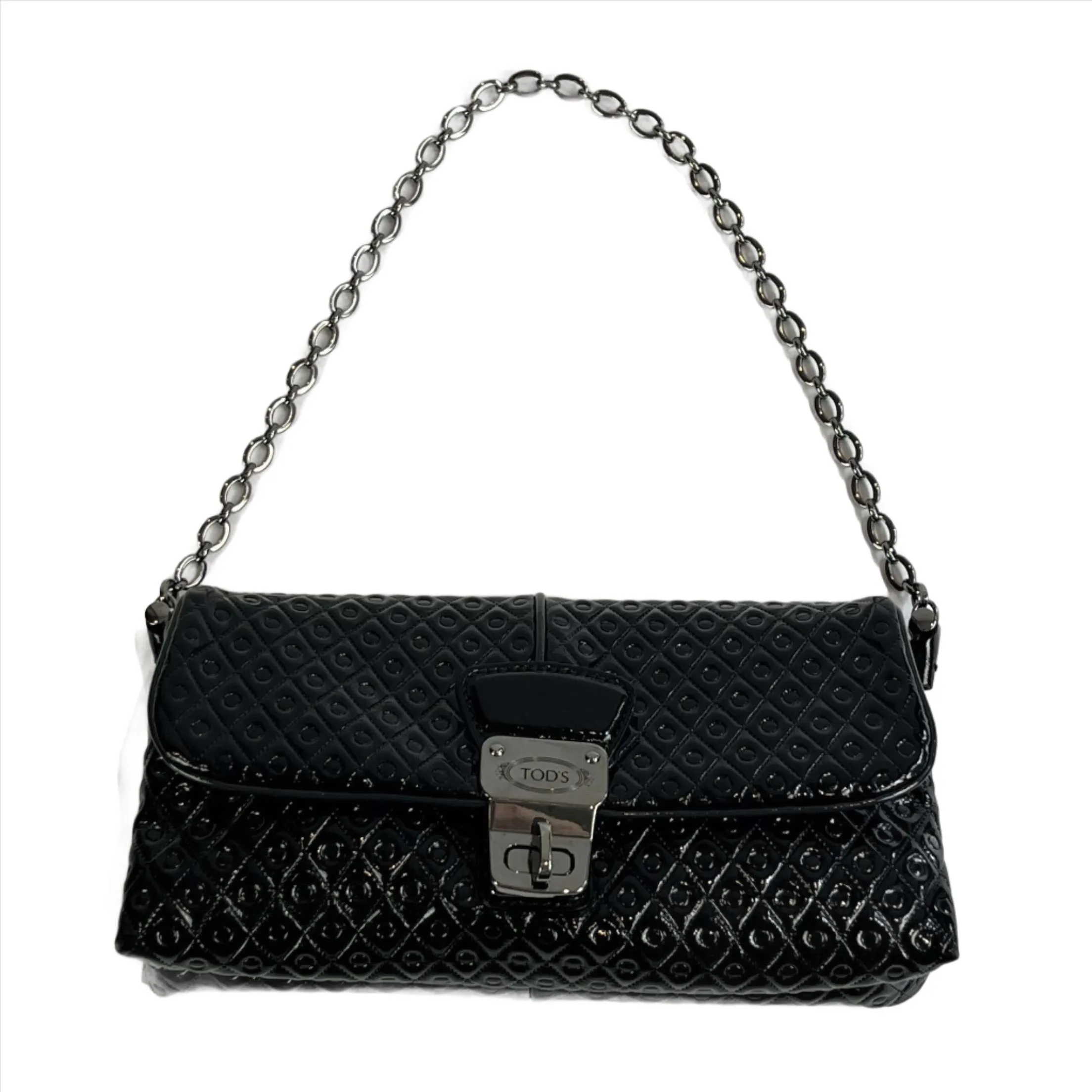 Tods Black Embossed Wet-Look Leather Evening Bag